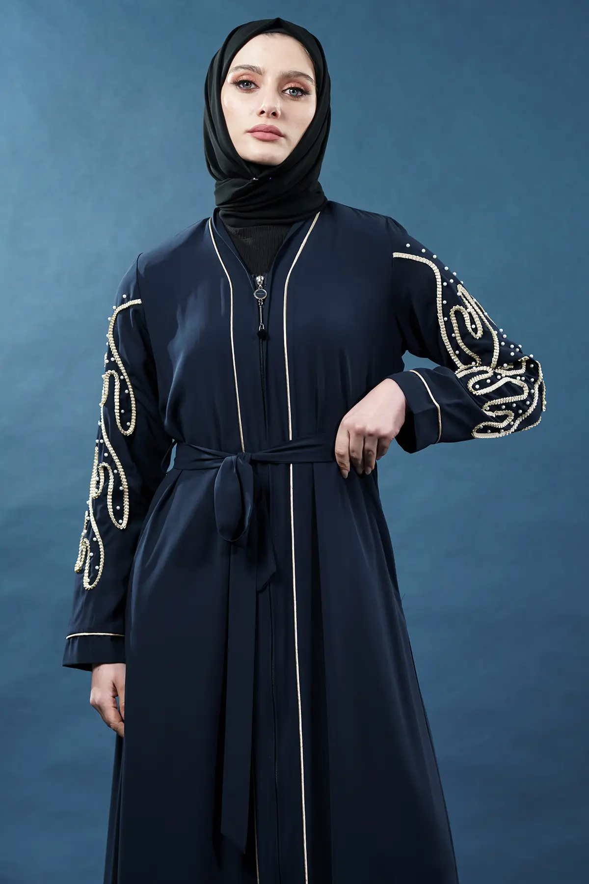 Zippered Pearl Embellished Abaya, view 4