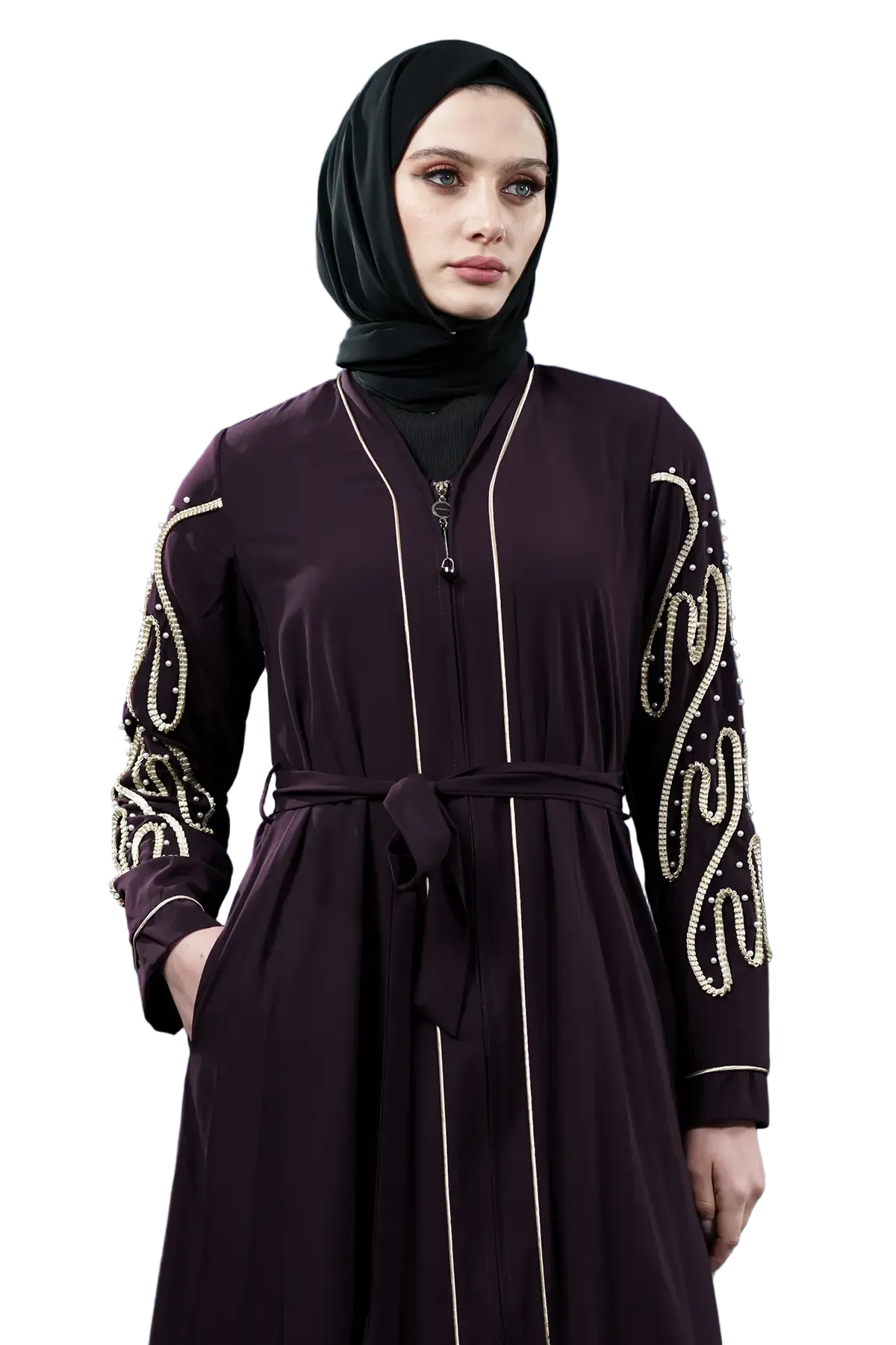 Embellished Deep Purple Abaya| Zippered, view 2