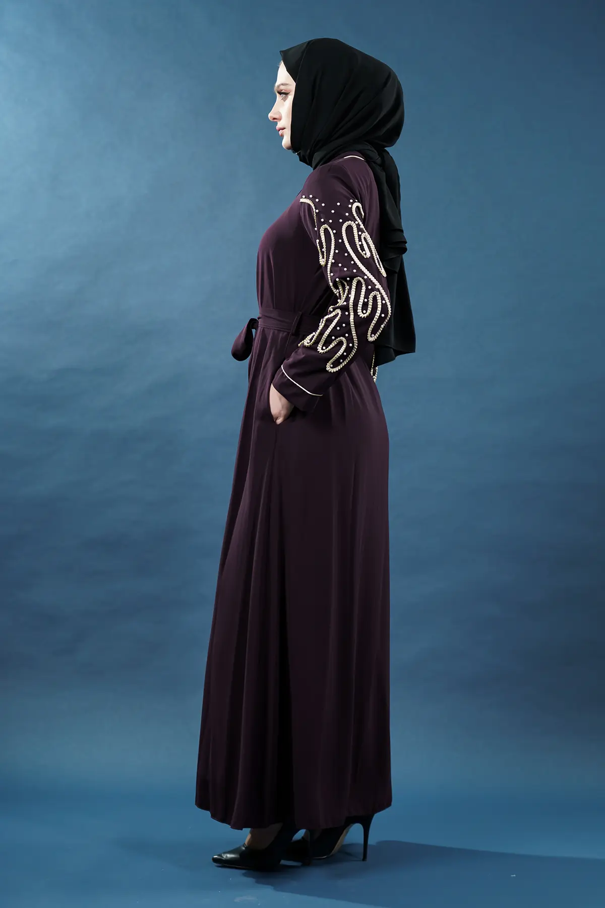 Embellished Deep Purple Abaya| Zippered, view 3