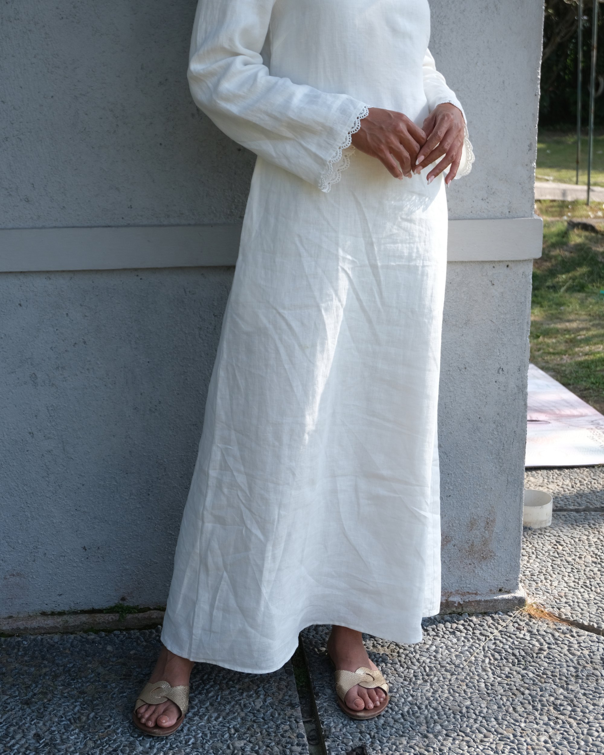 Solene Pure White 100% Linen-Maxi Dress, view 3