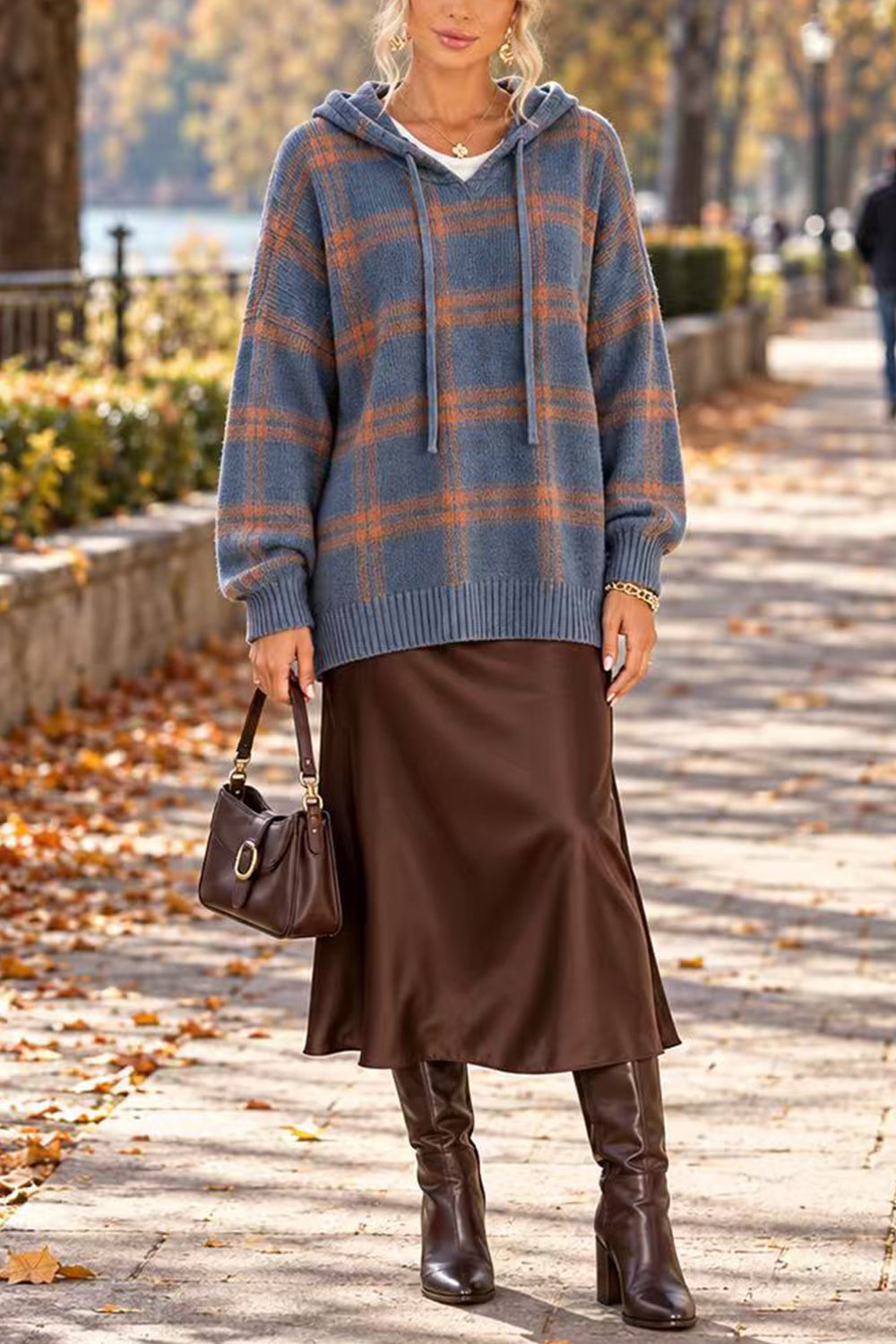 Margovil Plaid Hooded Relaxed Fit Pullover Sweater(in 6 Colors), view 2