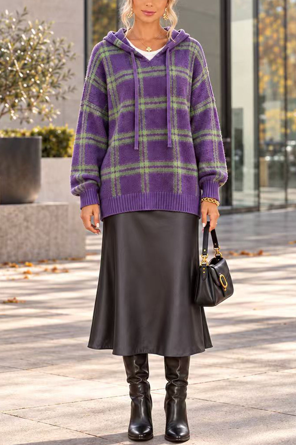 Margovil Plaid Hooded Relaxed Fit Pullover Sweater(in 6 Colors), view 5