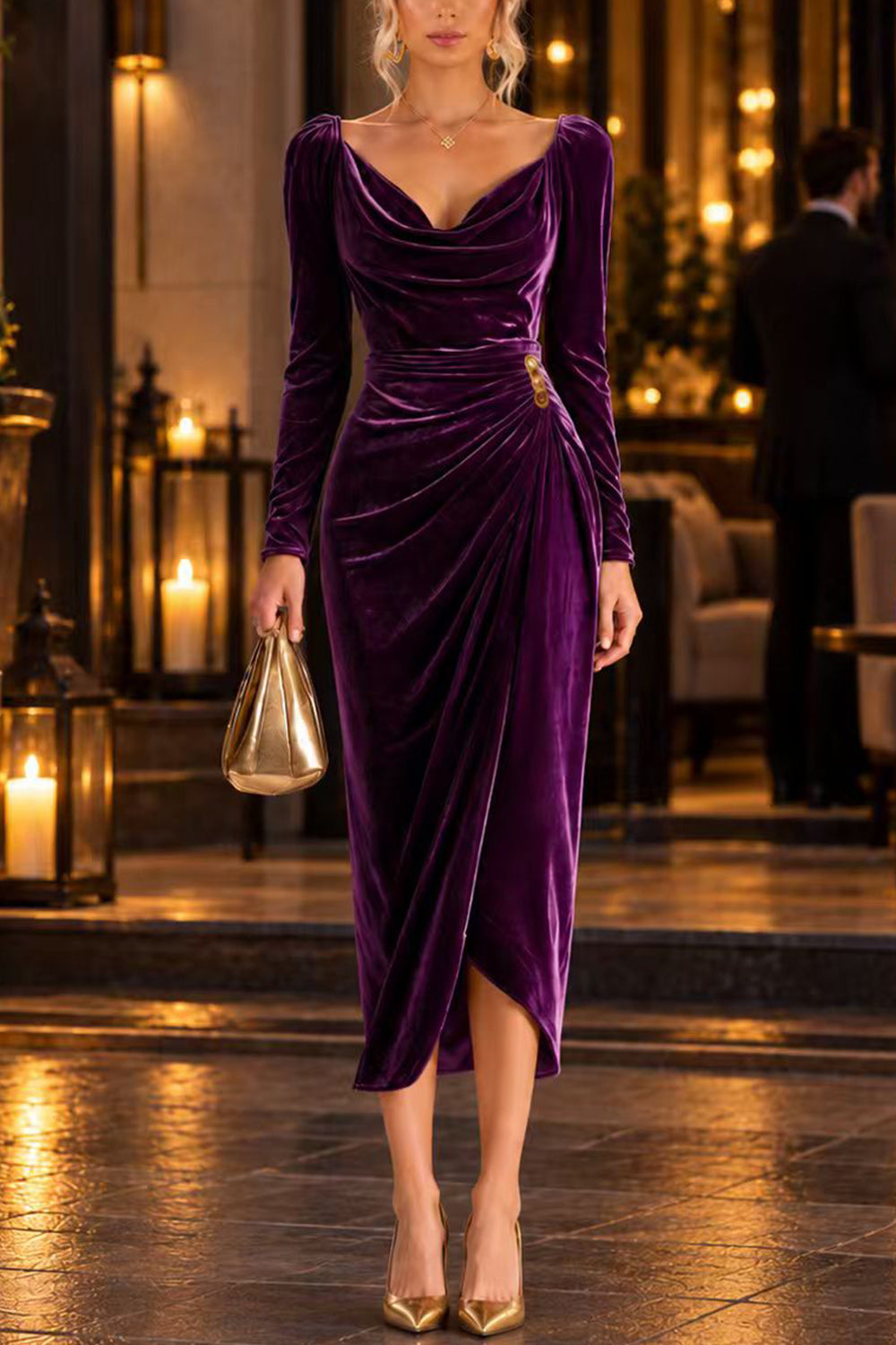 Margovil Cowl Neck Gold Accent Ruched Velvet Midi Dress, view 6