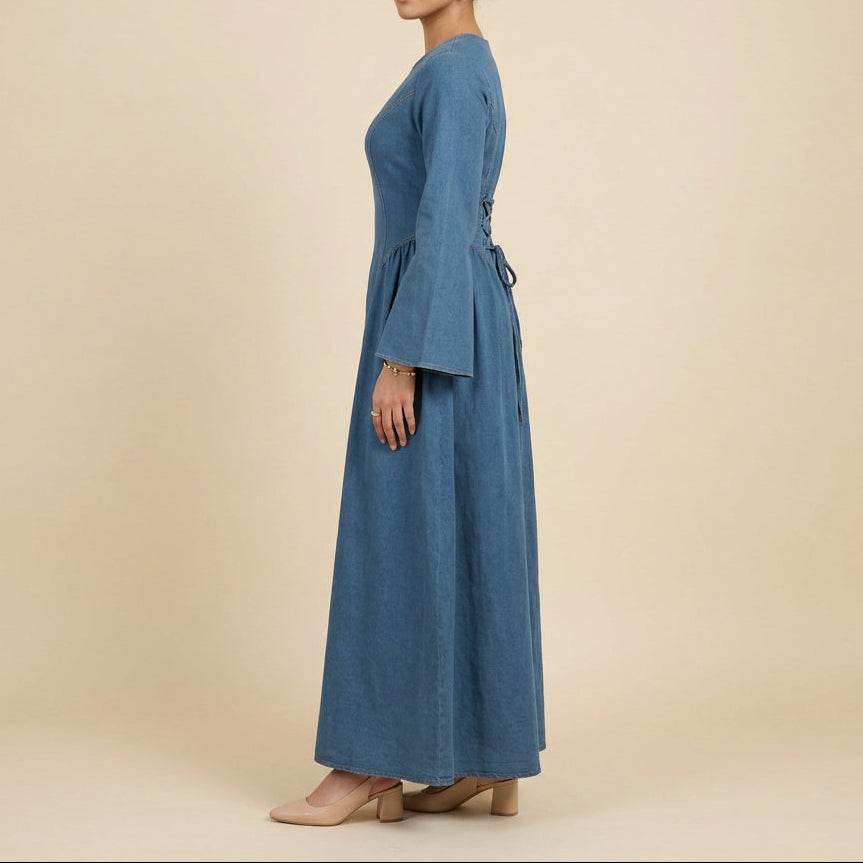 Kavira Lace-Up Denim Maxi Dress, view 2
