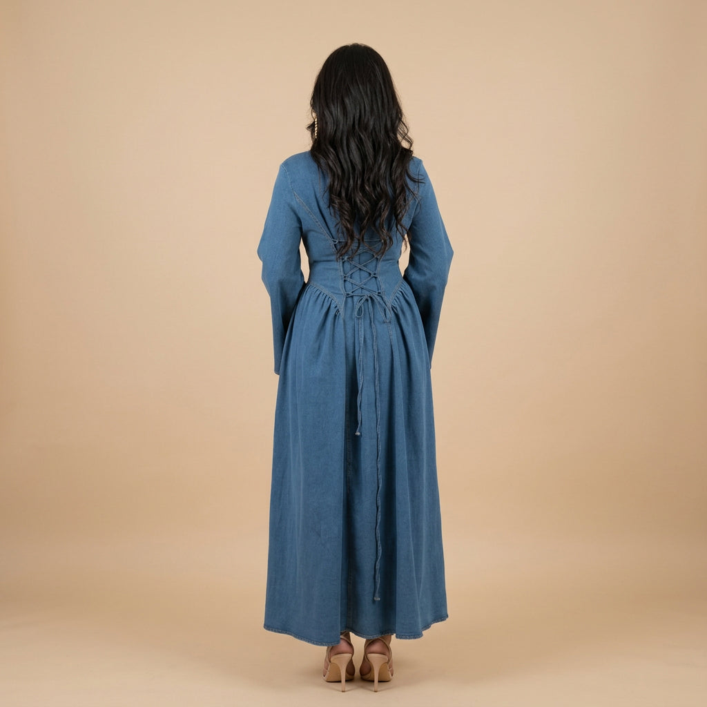Kavira Lace-Up Denim Maxi Dress, view 3
