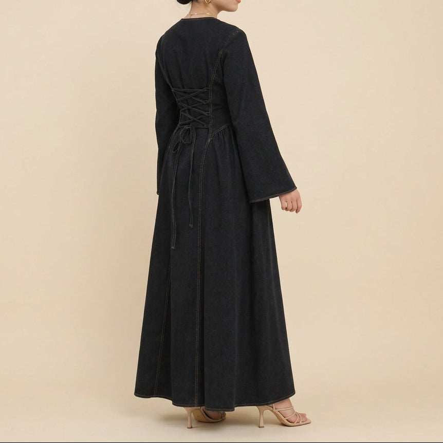 Kavira Lace-Up Denim Maxi Dress, view 7
