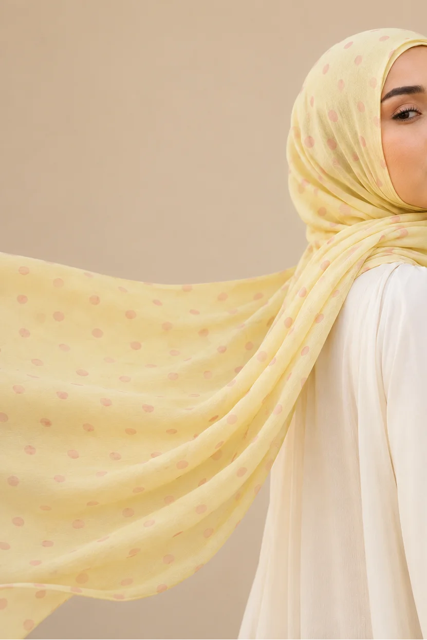 🎁 Butter Yellow Polka Dot Premium Modal Hijab (100% off) by Try Modest