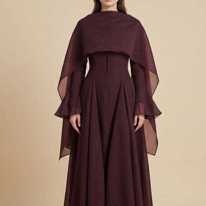 Belle Flare-Cuff Button-Detail Maxi Dress, view 3