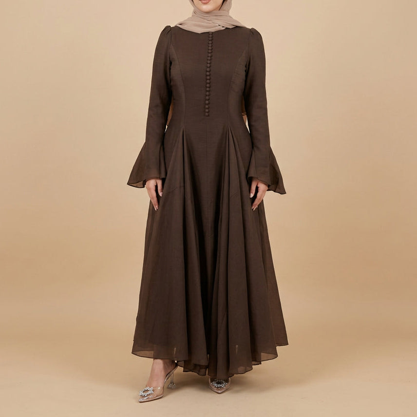 Belle Flare-Cuff Button-Detail Maxi Dress, view 8