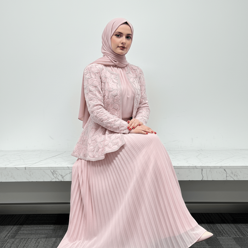 2-Piece Pearl Beaded 3D Rose Embroidered Jacket & Chiffon Pleated Maxi Dress Set(MS401), view 2