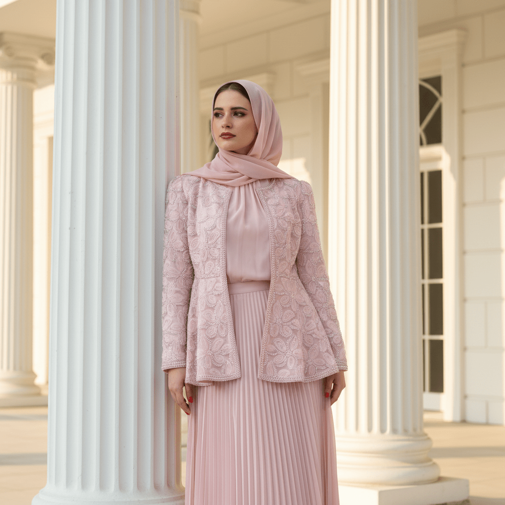 2-Piece Pearl Beaded 3D Rose Embroidered Jacket & Chiffon Pleated Maxi Dress Set(MS401), view 3