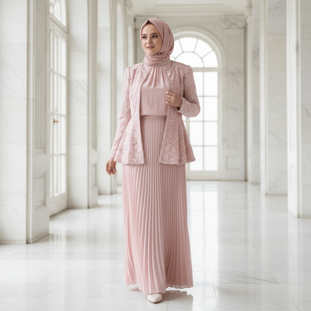 2-Piece Pearl Beaded 3D Rose Embroidered Jacket & Chiffon Pleated Maxi Dress Set(MS401), view 4