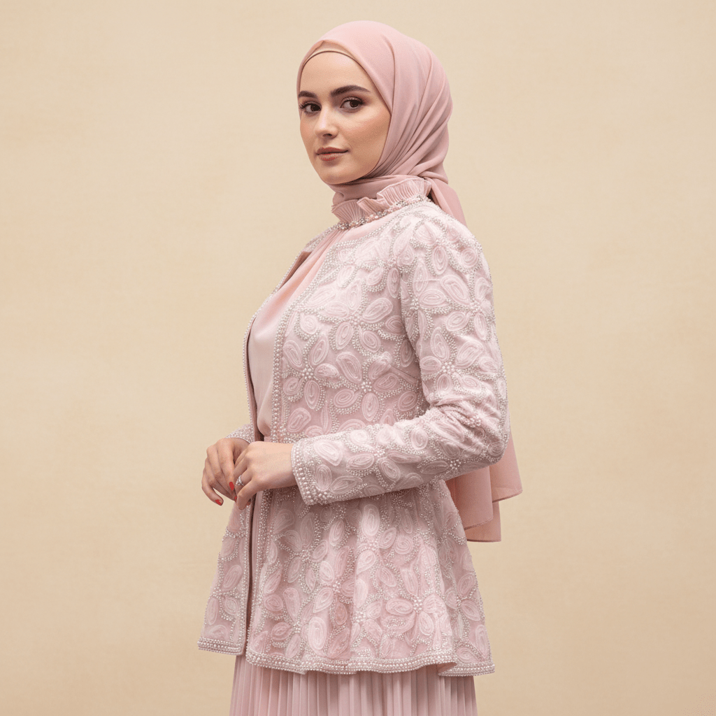 2-Piece Pearl Beaded 3D Rose Embroidered Jacket & Chiffon Pleated Maxi Dress Set(MS401), view 5