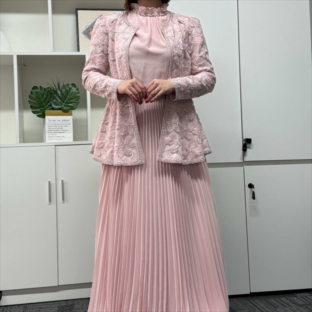 2-Piece Pearl Beaded 3D Rose Embroidered Jacket & Chiffon Pleated Maxi Dress Set(MS401), view 6