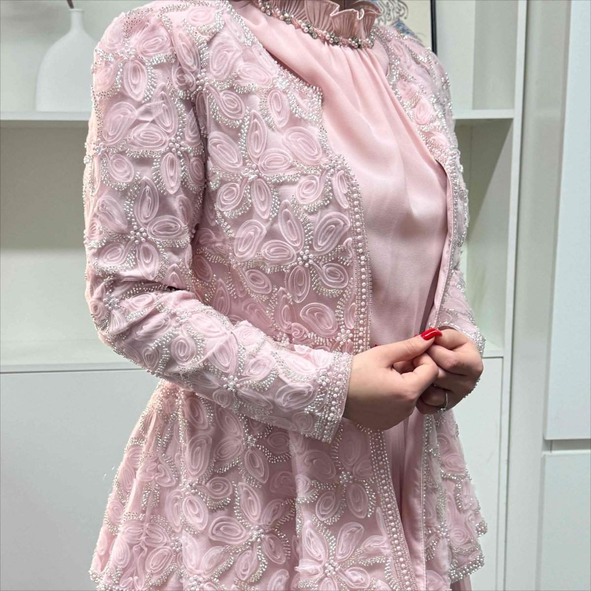 2-Piece Pearl Beaded 3D Rose Embroidered Jacket & Chiffon Pleated Maxi Dress Set(MS401), view 7