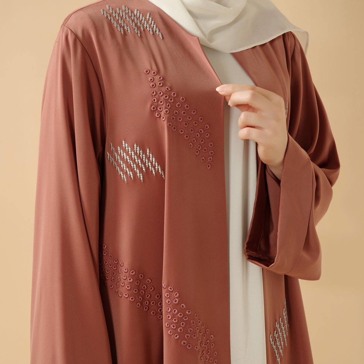 3D Embroidery Abaya With Geometric Beads. 3D Embroidered Open Abaya (MOA085), view 4