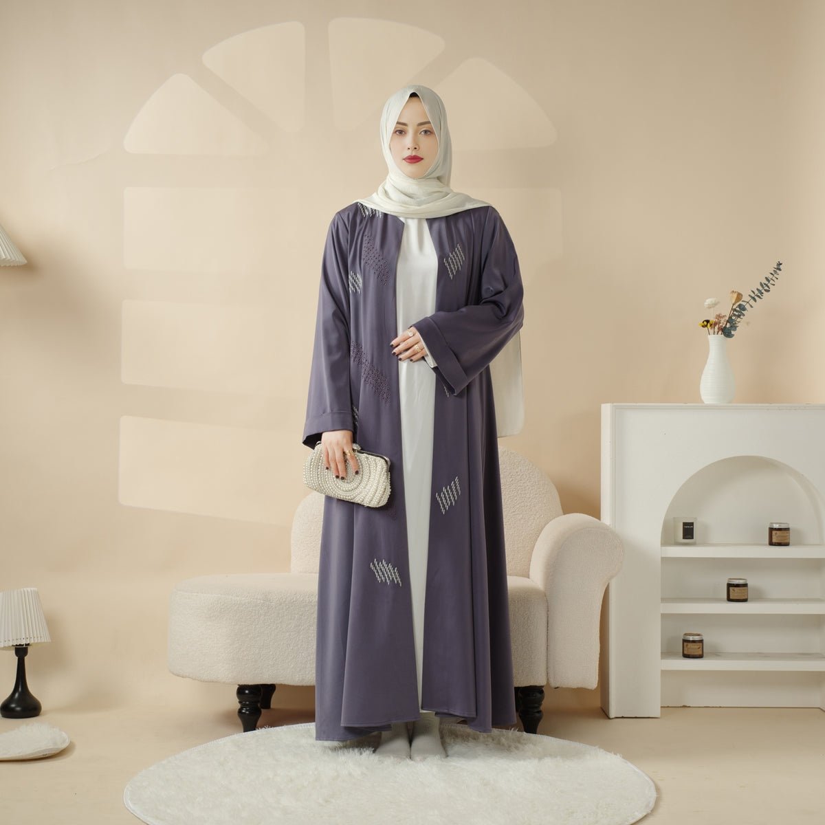 3D Embroidery Abaya With Geometric Beads. 3D Embroidered Open Abaya (MOA085), view 6