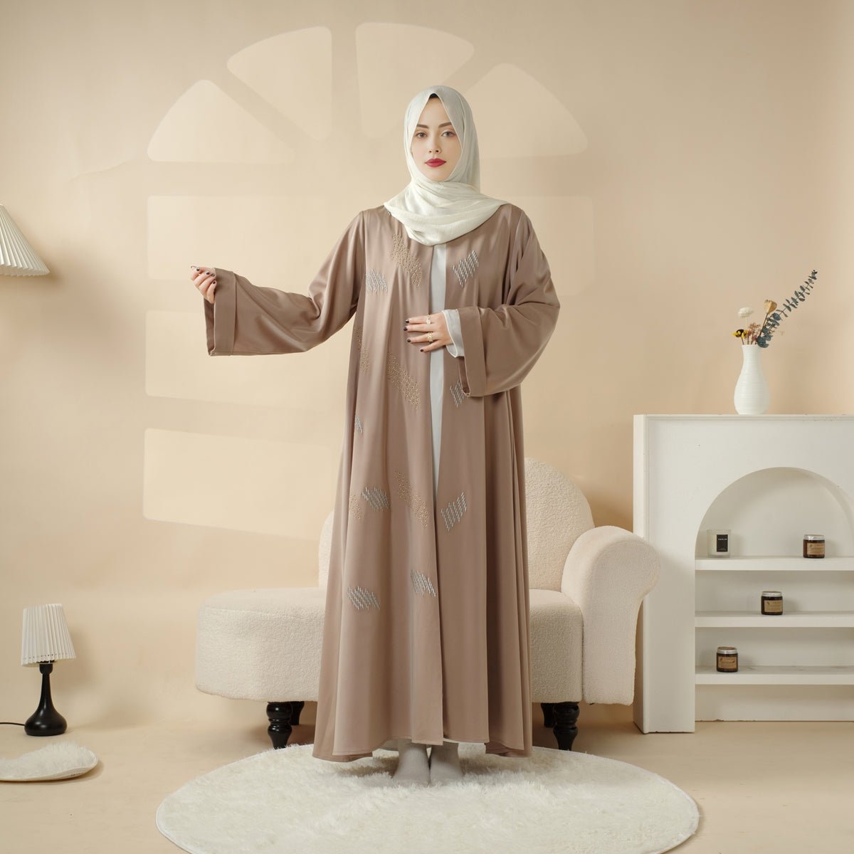 3D Embroidery Abaya With Geometric Beads. 3D Embroidered Open Abaya (MOA085), view 7