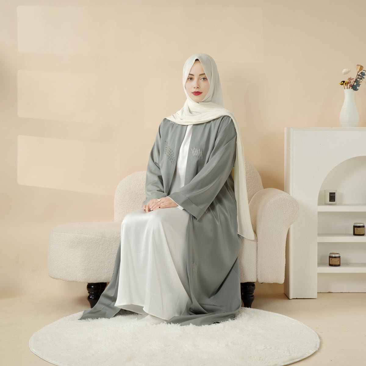 3D Embroidery Abaya With Geometric Beads. 3D Embroidered Open Abaya (MOA085), view 8