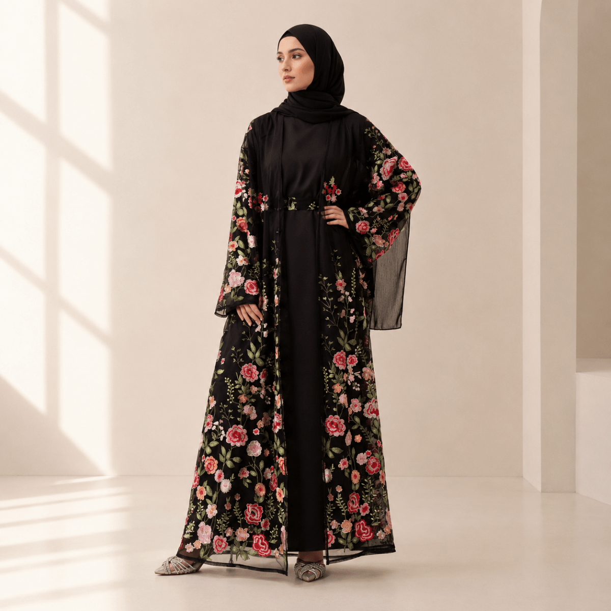 3D-Style Rose Garden Embroidered Open Abaya (MOA275) by Mariam's Collection