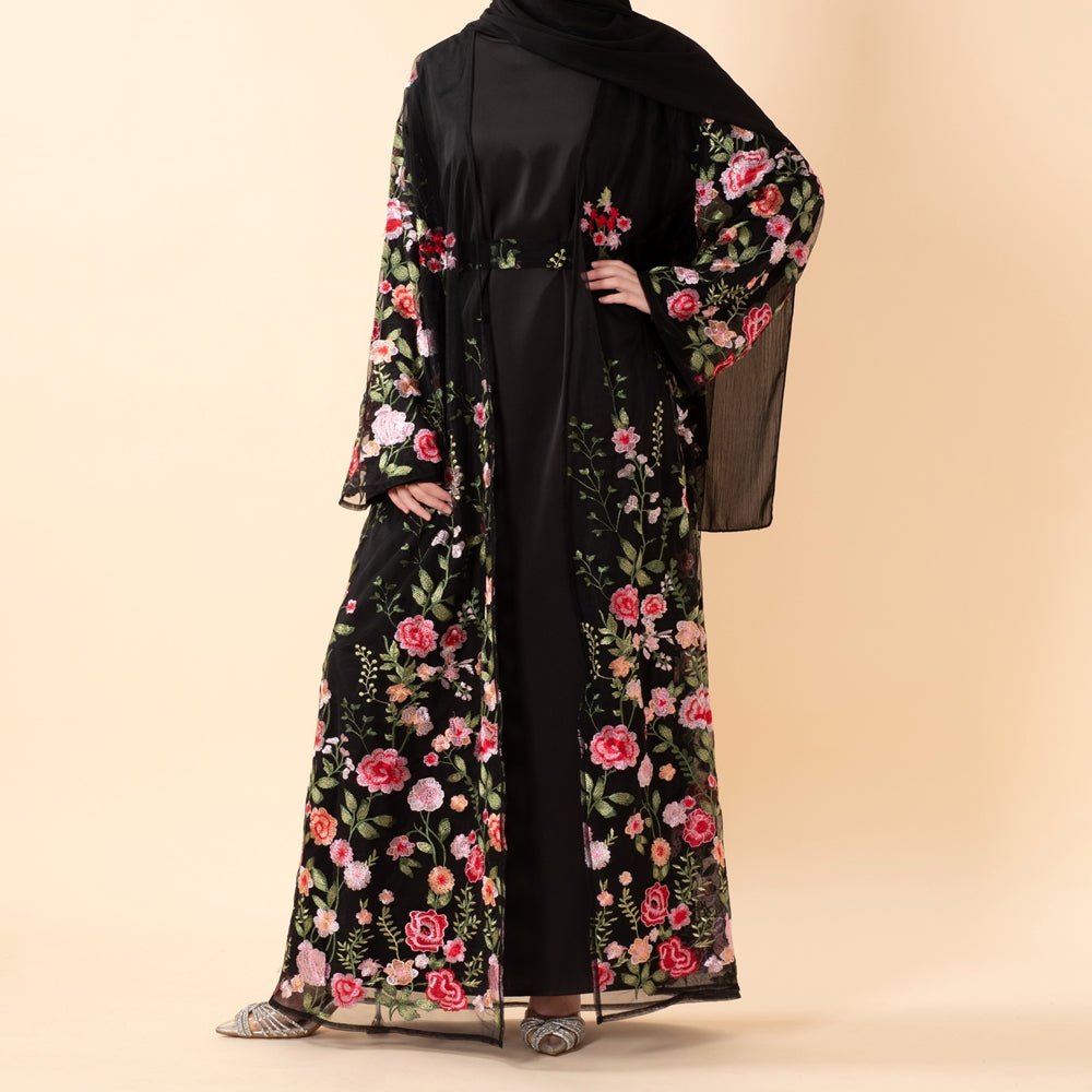 3D-Style Rose Garden Embroidered Open Abaya (MOA275), view 2