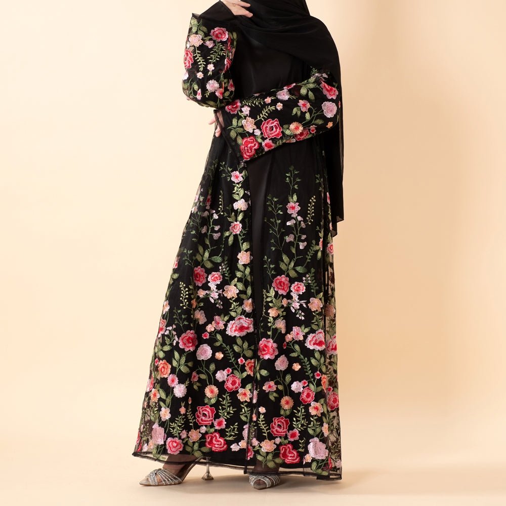 3D-Style Rose Garden Embroidered Open Abaya (MOA275), view 3