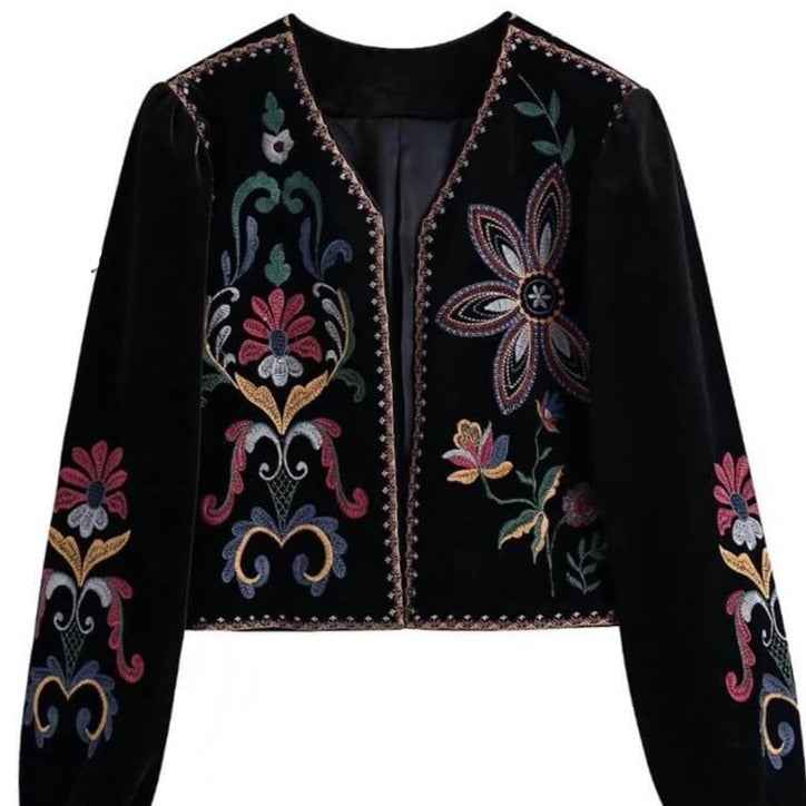 Black velvet embroidered blazer for women-Vintage style, view 2