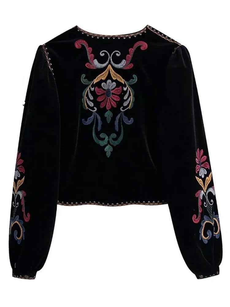 Black velvet embroidered blazer for women-Vintage style, view 3