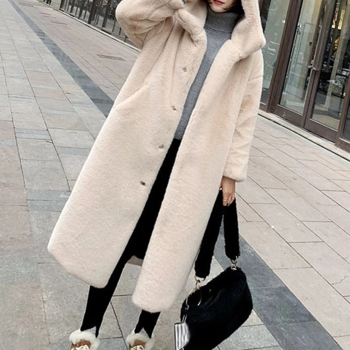 Women's Hooded Rabbit faux fur Long coat Thick and warm by Try Modest