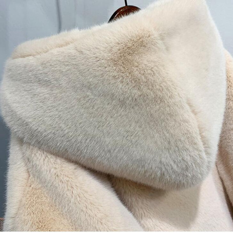 Women's Hooded Rabbit faux fur Long coat Thick and warm, view 4
