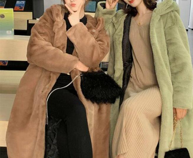 Women's Hooded Rabbit faux fur Long coat Thick and warm, view 5