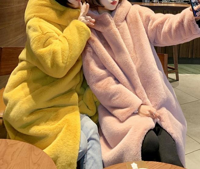 Women's Hooded Rabbit faux fur Long coat Thick and warm, view 6