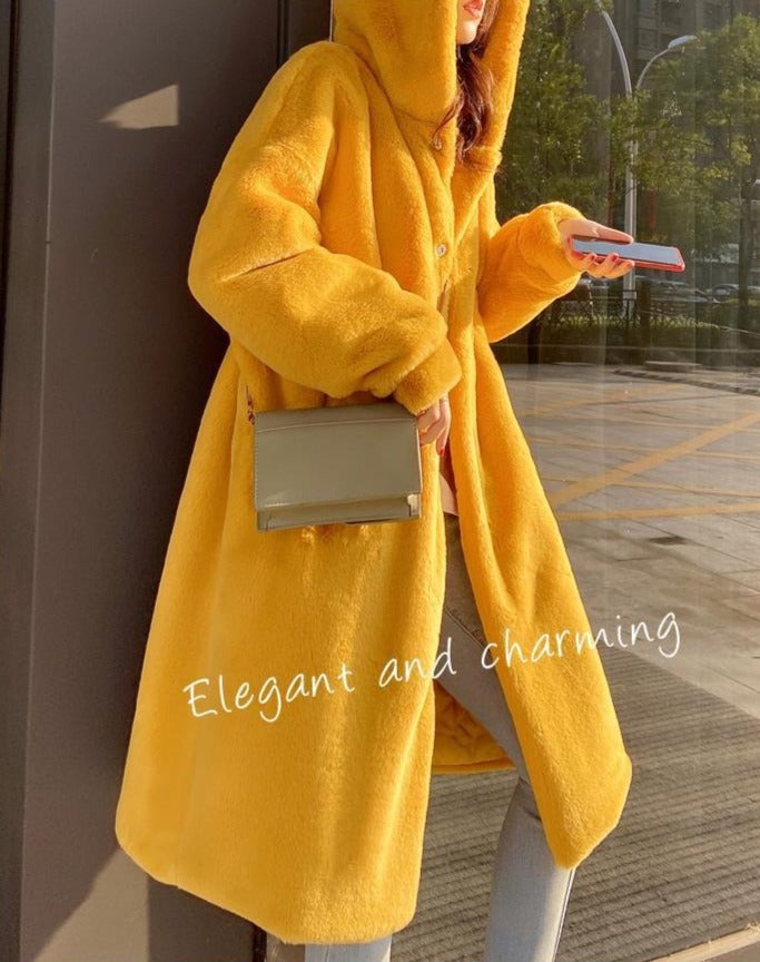 Women's Hooded Rabbit faux fur Long coat Thick and warm, view 7