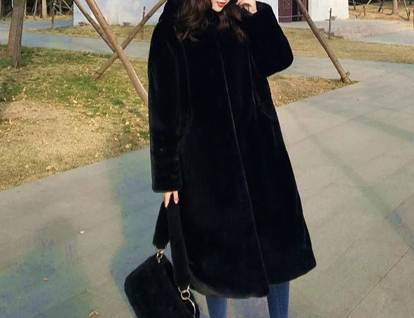 Women's Hooded Rabbit faux fur Long coat Thick and warm, view 8