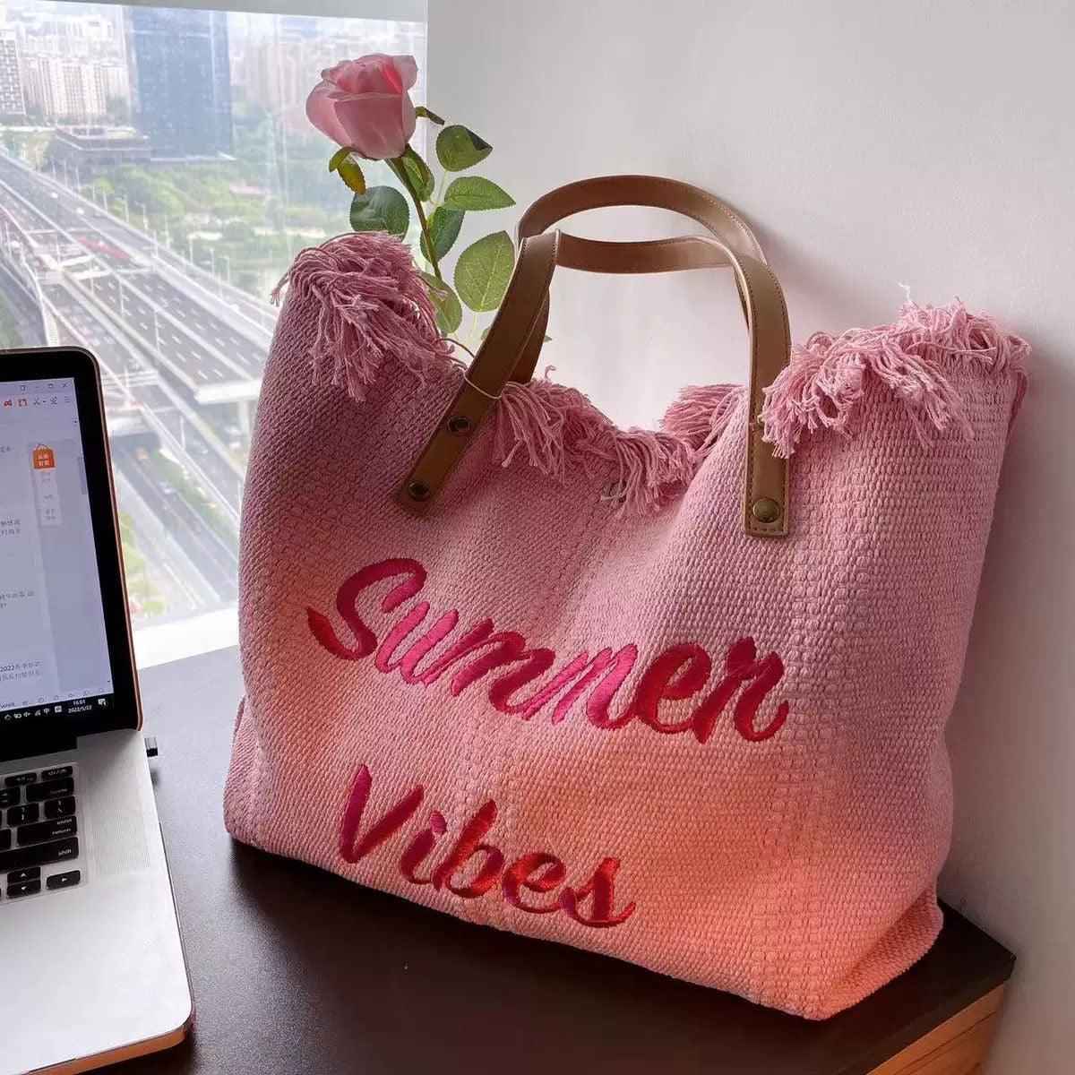 Letters Embroidery Canvas Beach Bag by Try Modest