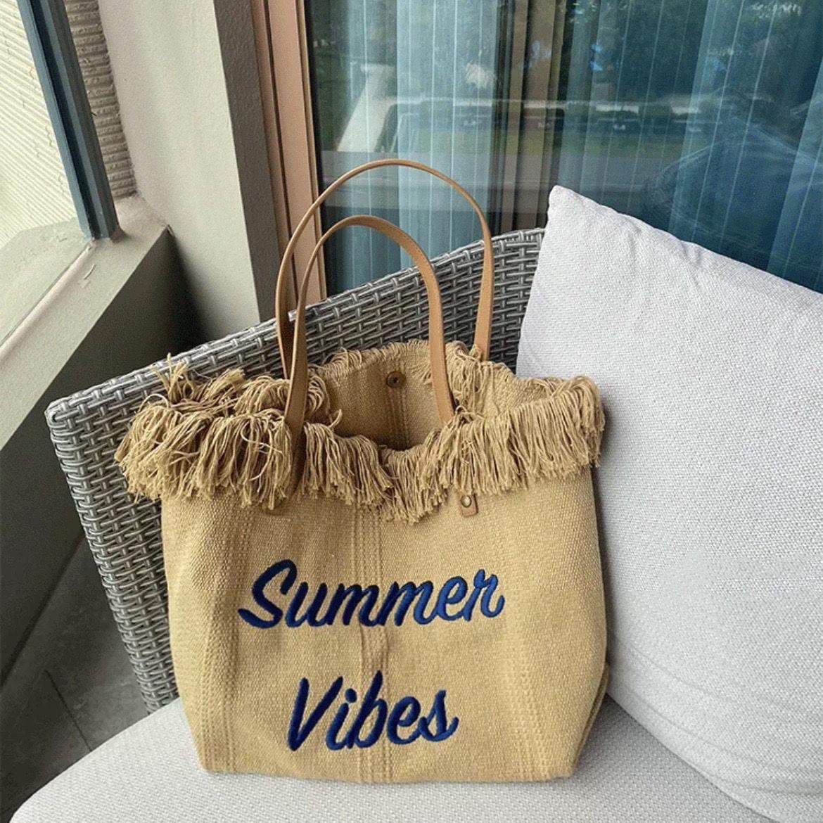 Letters Embroidery Canvas Beach Bag, view 3