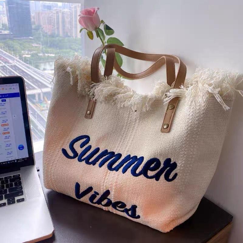 Letters Embroidery Canvas Beach Bag, view 4
