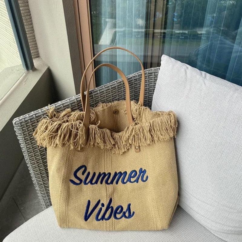 Letters Embroidery Canvas Beach Bag, view 7
