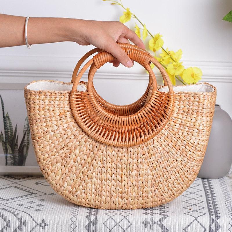 Elegant woven straw beach bags by Try Modest