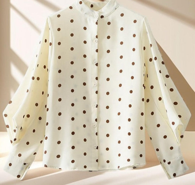 Polka Dot Stand-Up Collar Lantern Sleeve Shirt, view 2