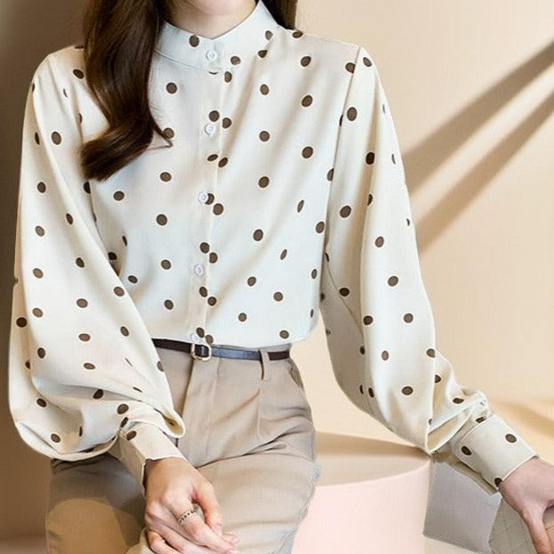Polka Dot Stand-Up Collar Lantern Sleeve Shirt, view 3