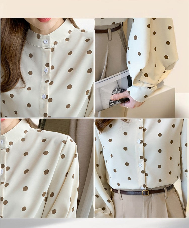 Polka Dot Stand-Up Collar Lantern Sleeve Shirt, view 6
