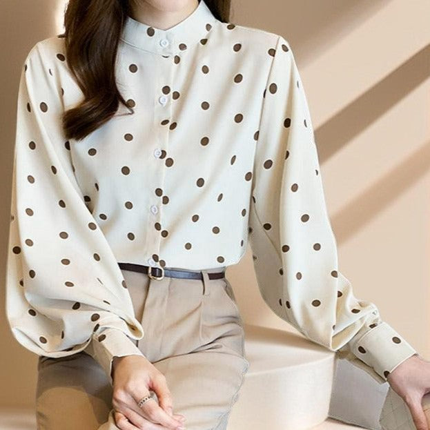 Polka Dot Stand-Up Collar Lantern Sleeve Shirt, view 7