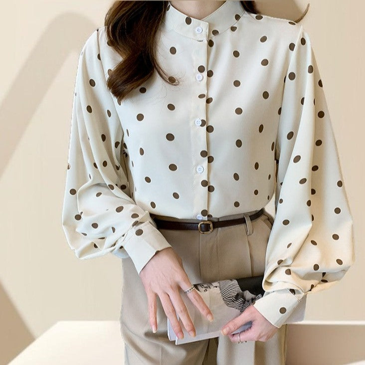 Polka Dot Stand-Up Collar Lantern Sleeve Shirt, view 8