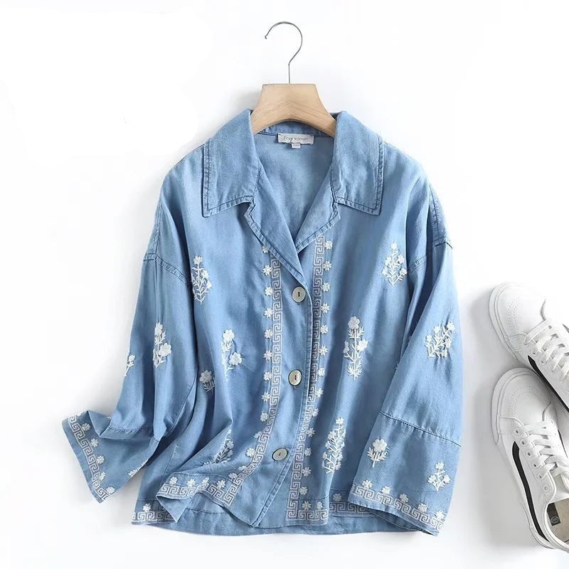 Retro Embroidered Tencel Cotton Denim Shirt, view 2