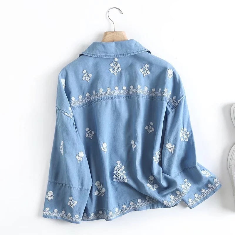 Retro Embroidered Tencel Cotton Denim Shirt, view 3