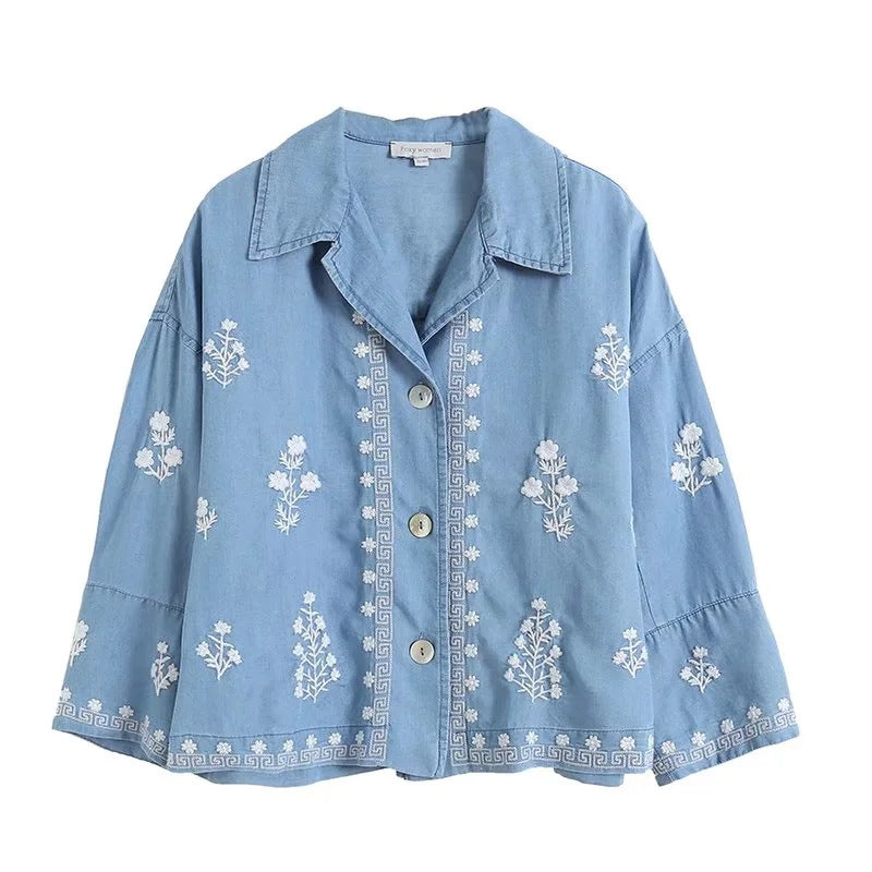 Retro Embroidered Tencel Cotton Denim Shirt, view 4