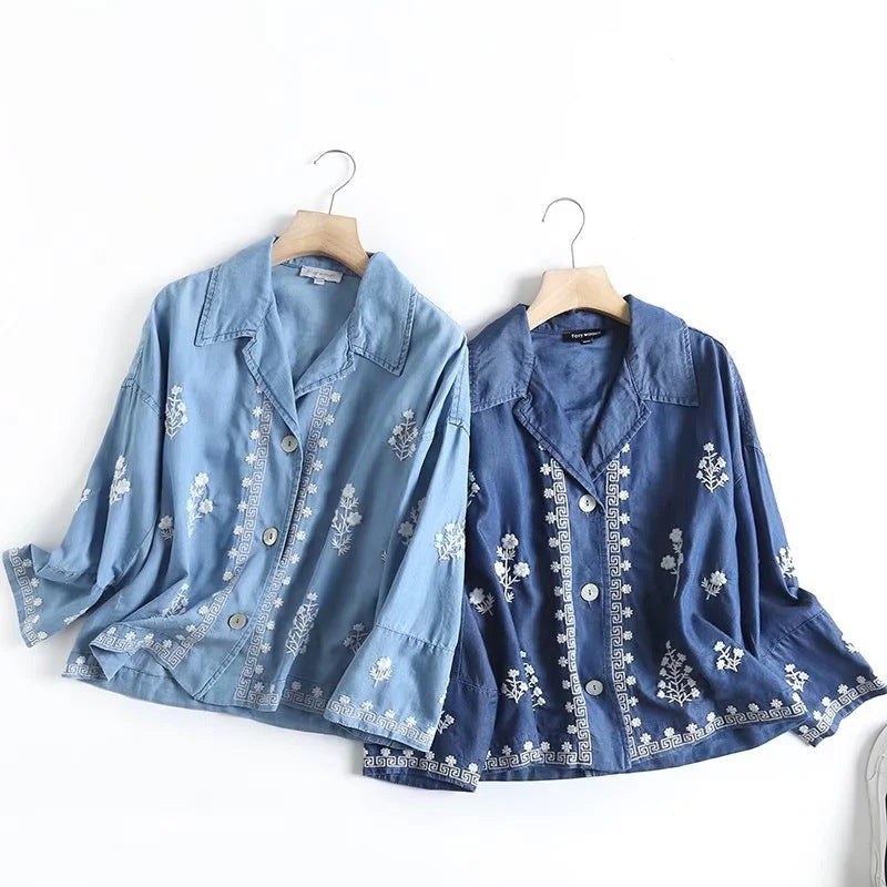Retro Embroidered Tencel Cotton Denim Shirt, view 6