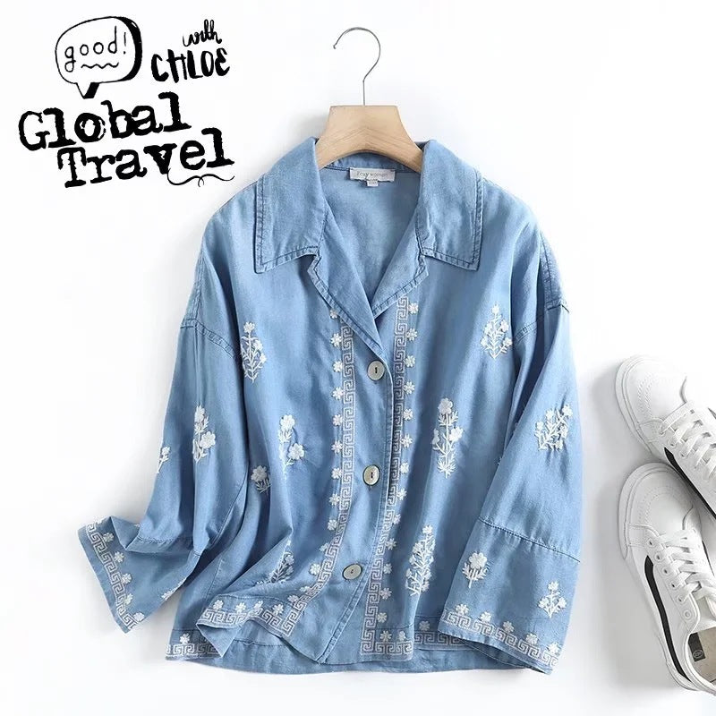 Retro Embroidered Tencel Cotton Denim Shirt, view 7