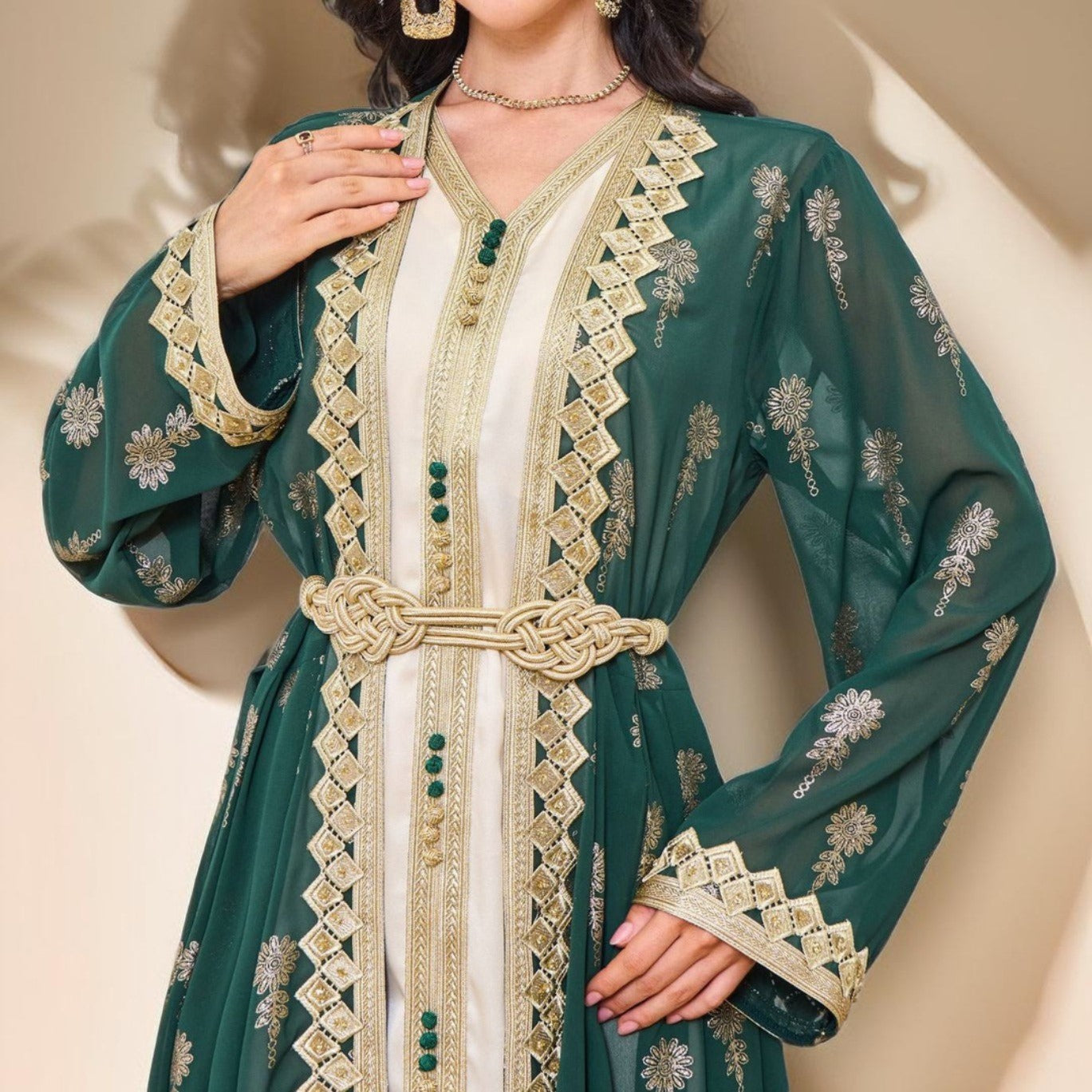 Algerian Style Embroidered Kaftan Plus Inner Vest and Belt by Try Modest